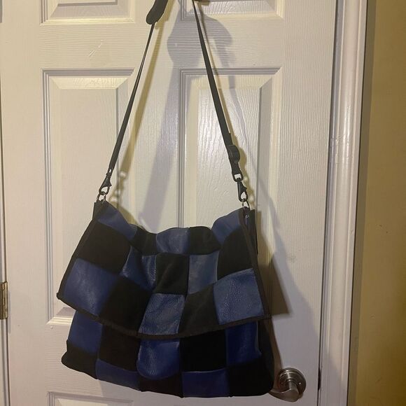 Leather & suede Royal Blue and Black Checkered patch work Hobo carry all Bag. - Picture 1 of 14